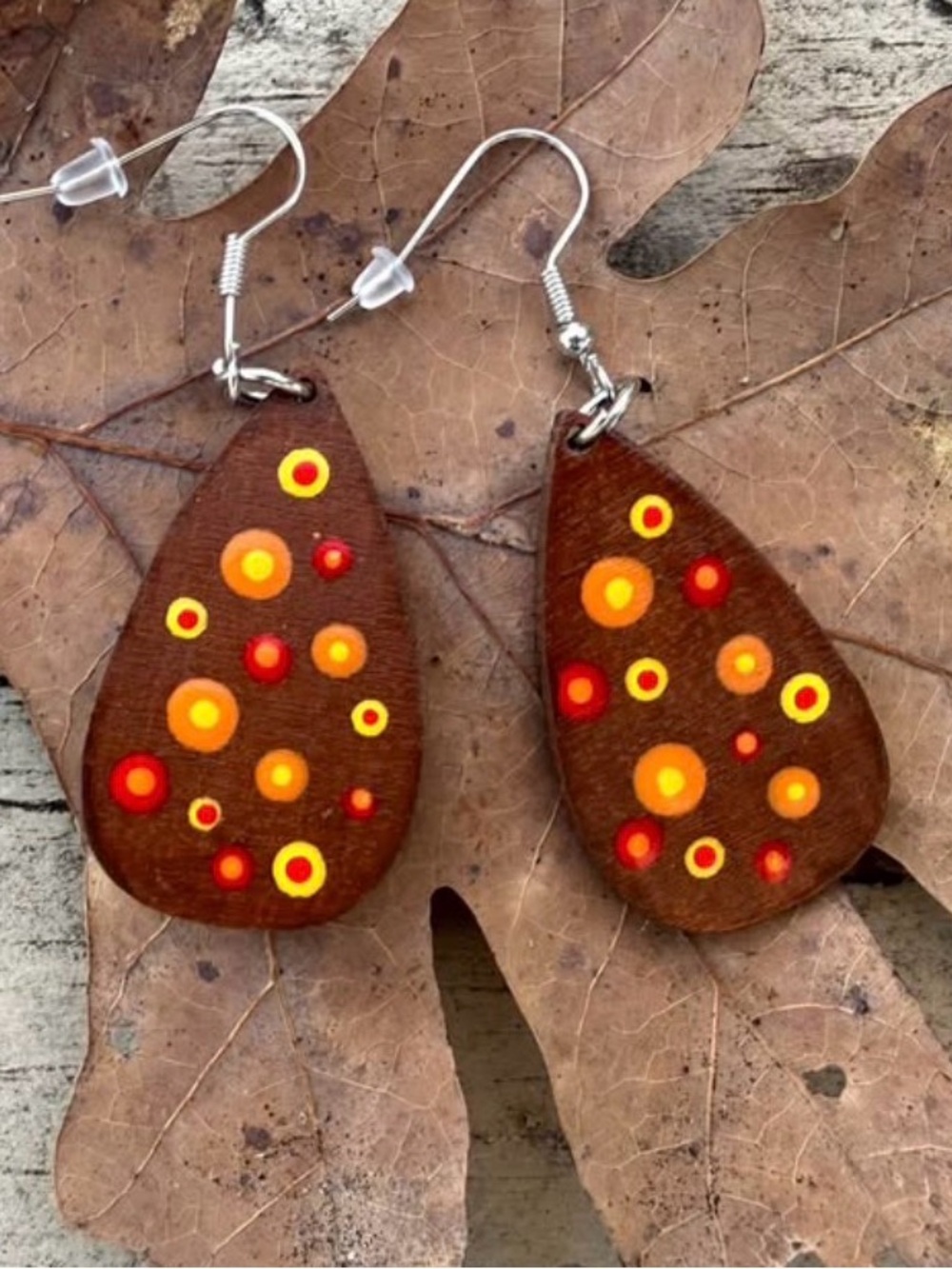 Hand Crafted teardrop earrings 1.5” autumn colors dot-painted earth tones